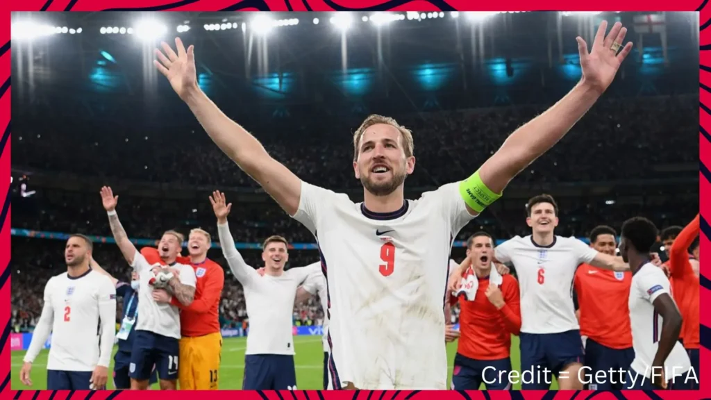 Harry Kane and England football team. Football is the most popular sport in the UK of all time